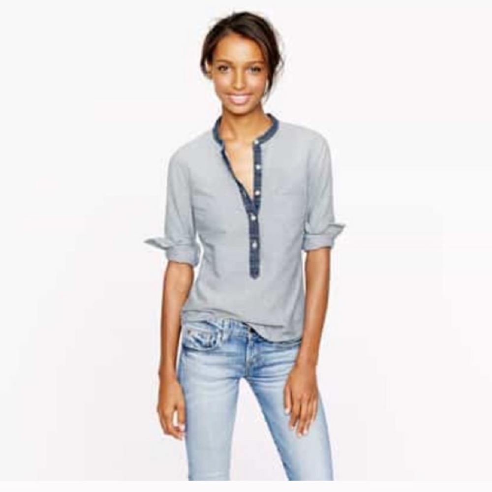 Collarless Chambray Denim Shirt J. Crew